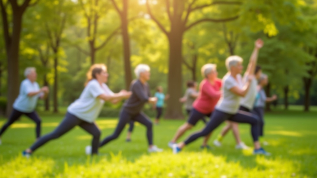 Grupa seniorów wykonujących ćwiczenia rozciągające w parku
