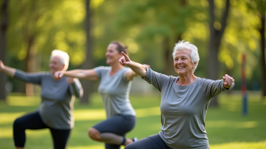 Grupa seniorów wykonuje wspólne ćwiczenia w parku, wszyscy uśmiechnięci, stacje fitness widoczne