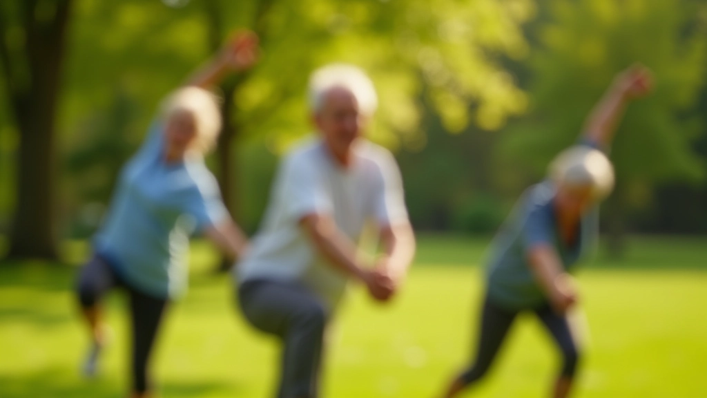 Grupa trzech seniorów ćwiczących razem w parku, poranek, słoneczna pogoda, trawiasta polana