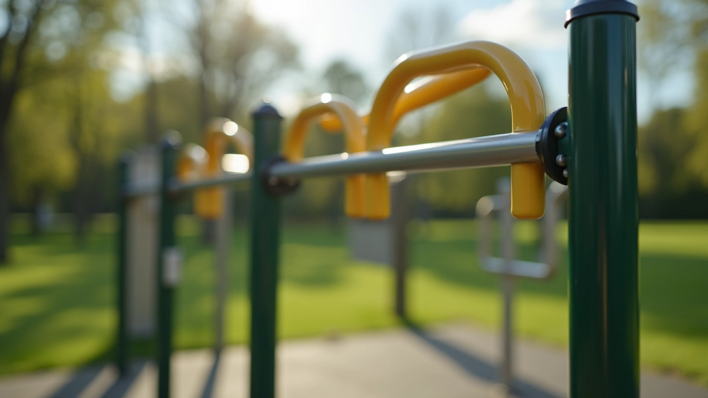 Zbliżenie na stację fitness w parku z opisem ćwiczeń, metalowe urządzenia czyszczące i bezpieczne