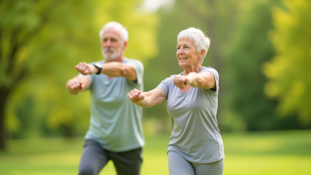 Seniorzy wykonują bezpieczne ruchy rozciągające w parku, pokazując prawidłową postawę i płynne wykonanie