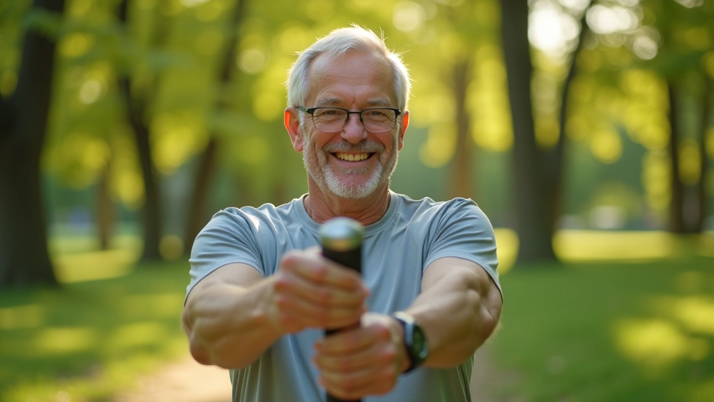 Senior mężczyzna w wieku 70 lat, pełni ubrany w sportowe ubranie, ćwiczący na stacji fitness w parku z uśmiechem, słoneczny dzień