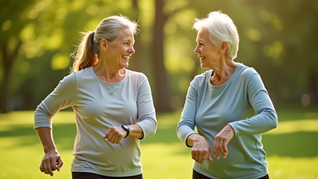Dwie seniorkach, wiek 65–75, pełni ubranie w sportowe stroje, ćwiczące razem na stacji fitness w słonecznym parku, uśmiechające się i rozmowę