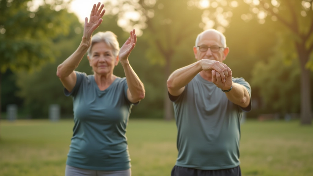 Dwaj seniorzy robią ćwiczenie rozciągające w parku, tło zawiera stacje fitness