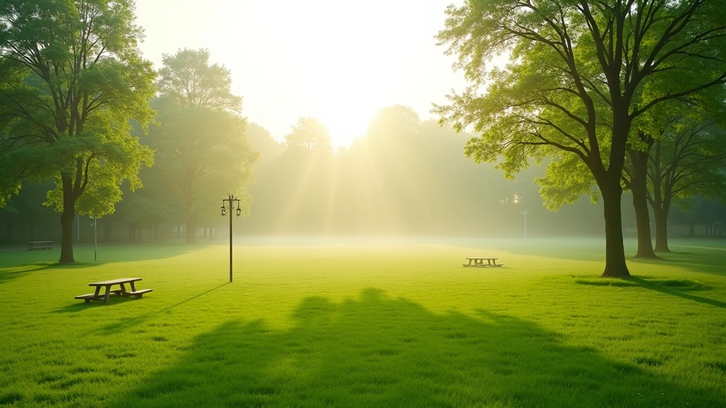 Zielony park z widocznymi stacjami fitness w tle